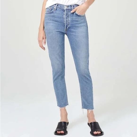 AGOLDE Nico High Rise Slim Button Fly Frayed Ankle Hem Jeans Blue 32 / 14 - Picture 1 of 16
